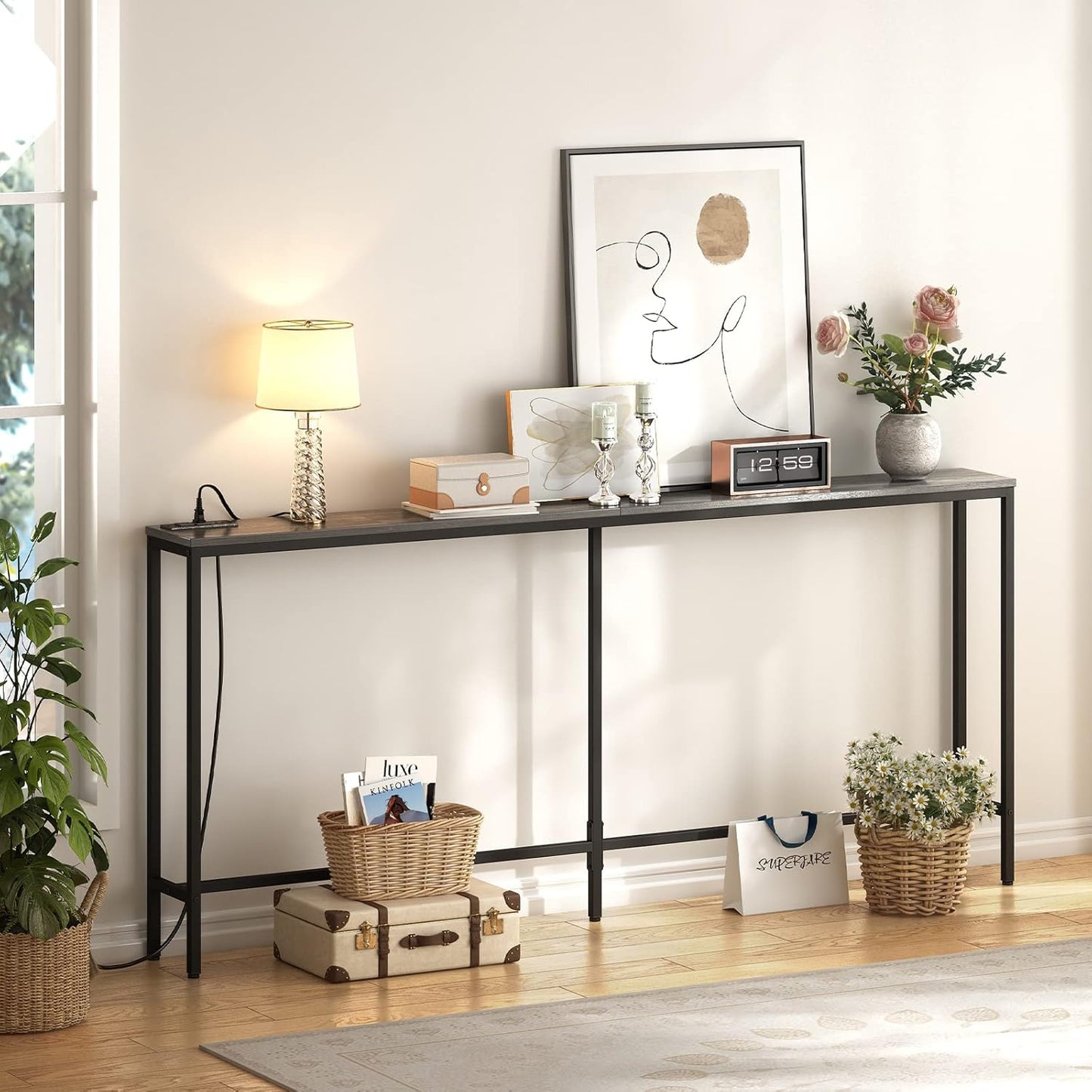 70-Inch Console Table with Built-In Charging Station, Narrow Entryway Hall Table in Charcoal Gray for Living Room Use