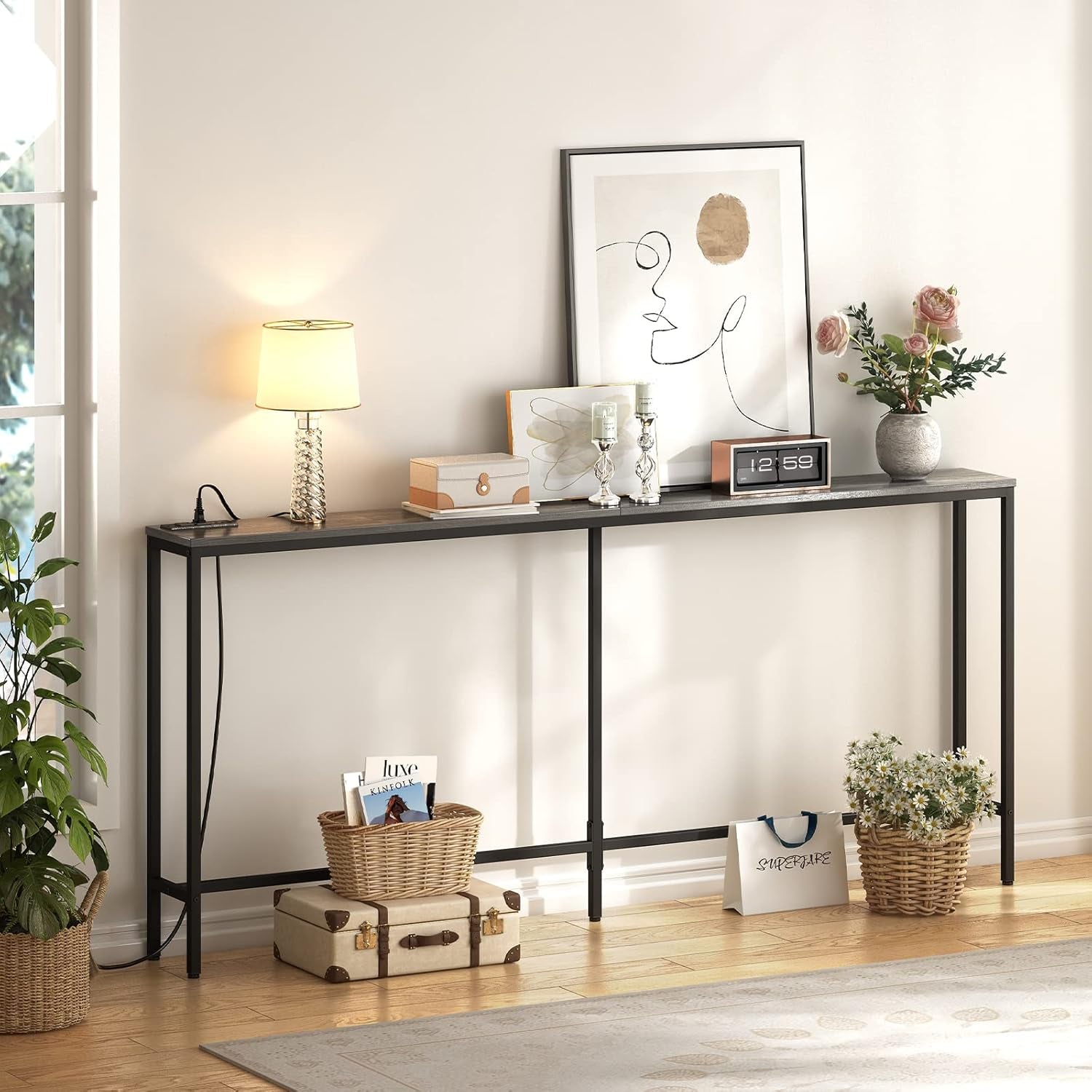 70-Inch Console Table with Built-In Charging Station, Narrow Entryway Hall Table in Charcoal Gray for Living Room Use