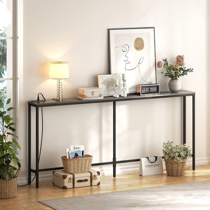 70-Inch Console Table with Built-In Charging Station, Narrow Entryway Hall Table in Charcoal Gray for Living Room Use
