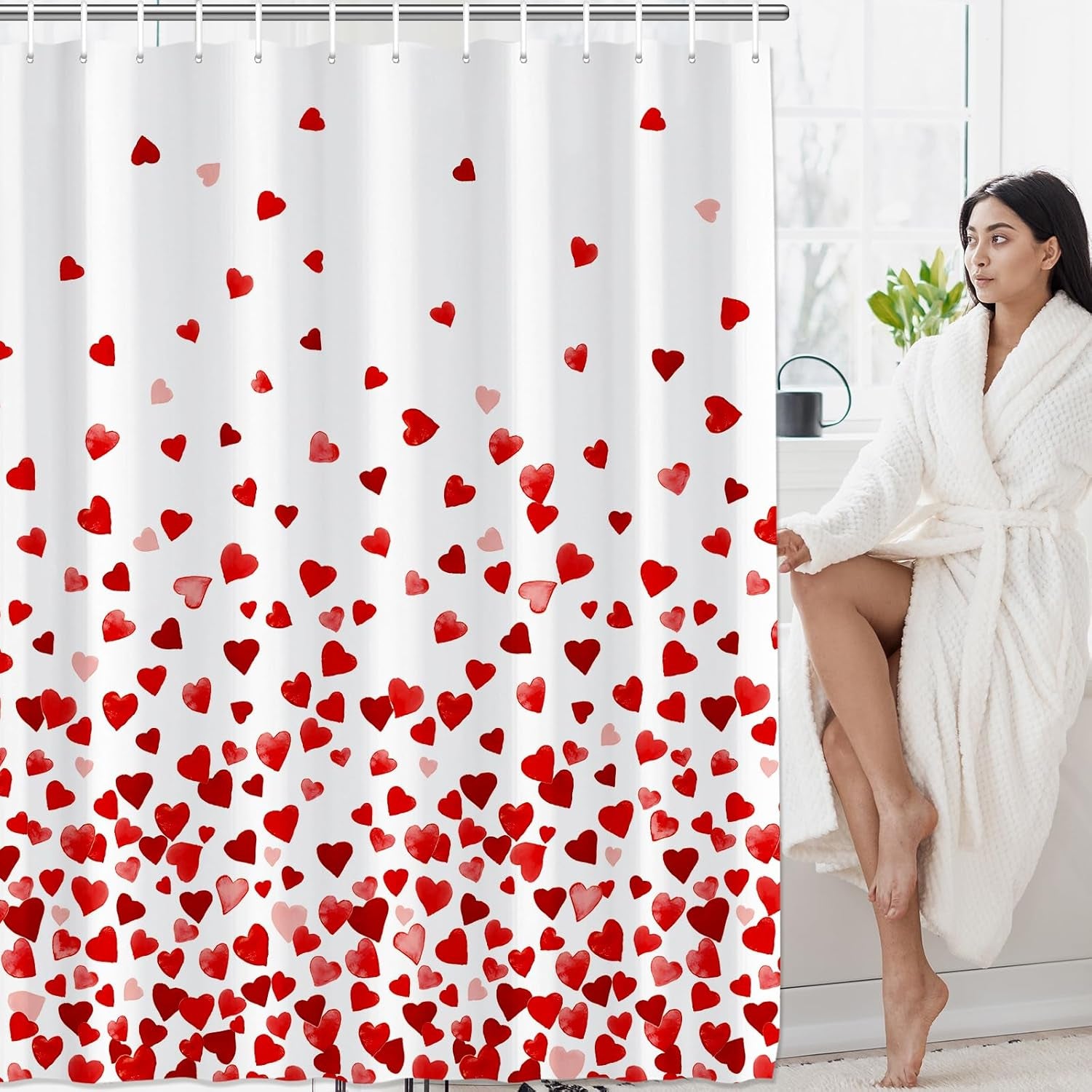 71 X 71 Inches Valentines Shower Curtain Bottom with Pink and Red Love Heart Romantic Bathroom Curtain Waterproof Polyester Curtain Hooks Set for Valentine'S Bathroom Decorations