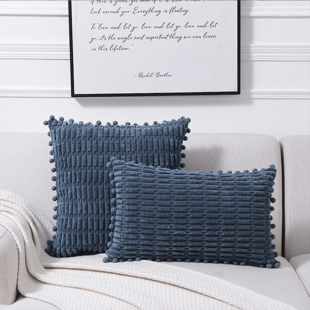 2 Packs Dusty Blue Decorative Throw Pillow Covers 12X20 Inch with Pom-Poms for Couch Bed Living Room, Farmhouse Boho Home Decor, Soft Corduroy Cute Lumbar Cushion Case 30X50 Cm