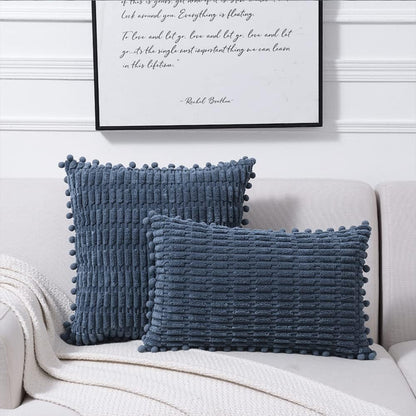 2 Packs Dusty Blue Decorative Throw Pillow Covers 12X20 Inch with Pom-Poms for Couch Bed Living Room, Farmhouse Boho Home Decor, Soft Corduroy Cute Lumbar Cushion Case 30X50 Cm