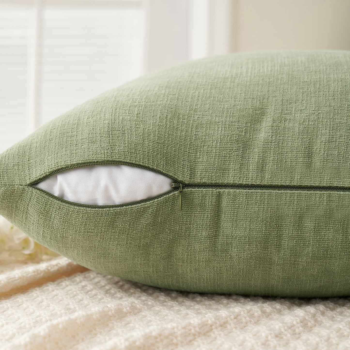 Sage Green Couch Pillow Covers 18X18 Inch, Set of 2 Soft Spring Chenille Decorative Square Throw Pillow Covers Farmhouse for Sofa Living Room Bed