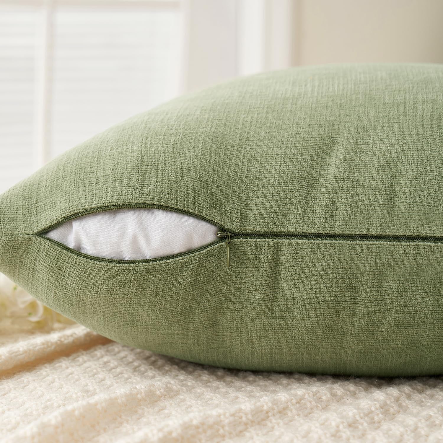 Sage Green Couch Pillow Covers 18X18 Inch, Set of 2 Soft Spring Chenille Decorative Square Throw Pillow Covers Farmhouse for Sofa Living Room Bed