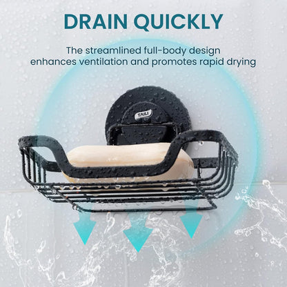 Soap Holder Bar Dish Suction Cup, Bar Shampoo Rack for Shower Wall, Draining Soap Saver Tray for Bathroom, Rustproof Stainless Steel Sponge Holder for Tub, Kitchen, Drill-Free, Black