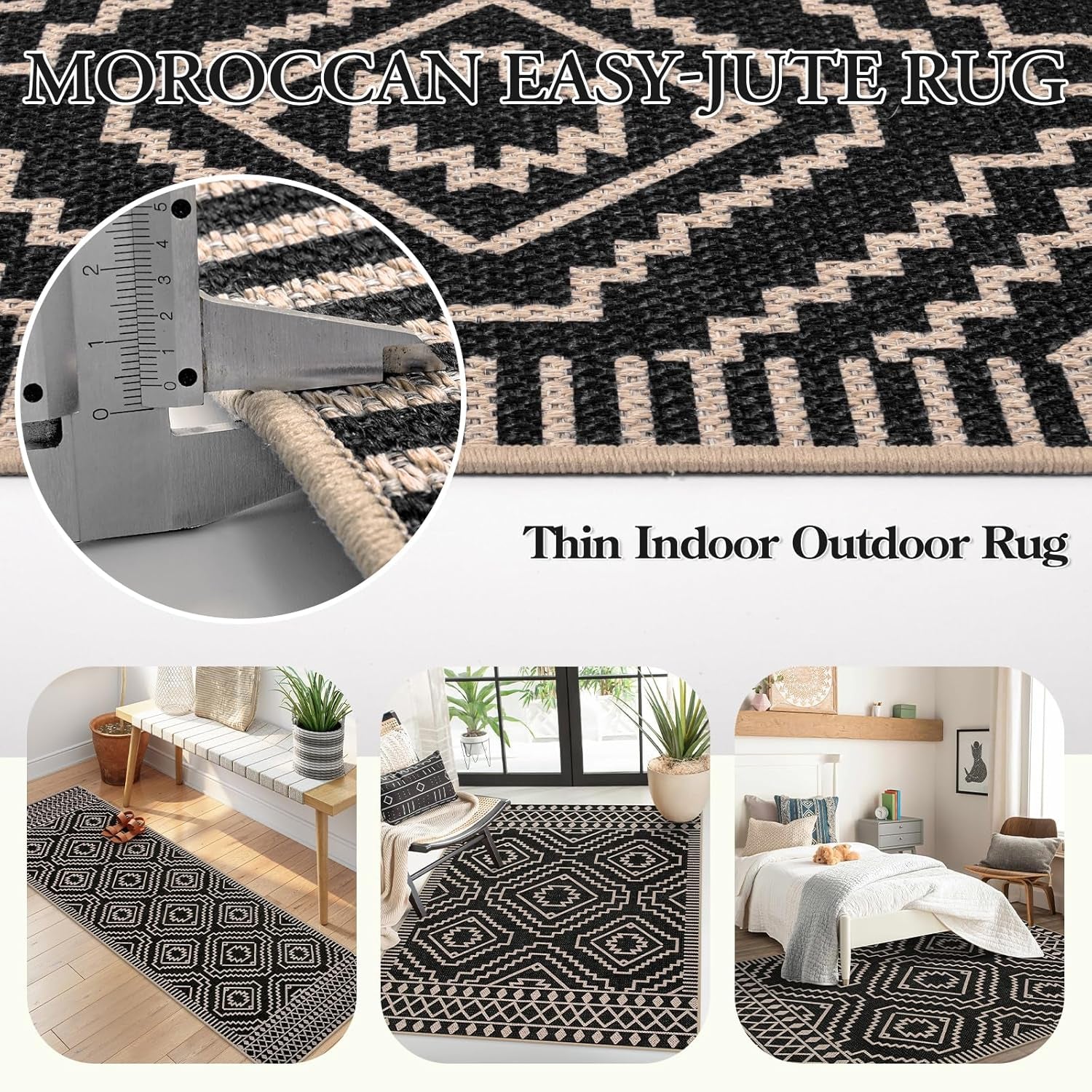 Moroccan Easy Jute Carpet, 3X5 Indoor Outdoor Entryway Patio Rug 3X5 Farmhouse Black Washable Living Room Rug, Non Slip Indoor Outdoor Carpet for Patio Courtyard Deck