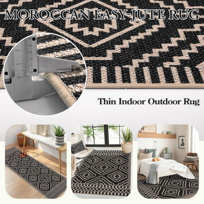 Moroccan Easy Jute Carpet, 3X5 Indoor Outdoor Entryway Patio Rug 3X5 Farmhouse Black Washable Living Room Rug, Non Slip Indoor Outdoor Carpet for Patio Courtyard Deck