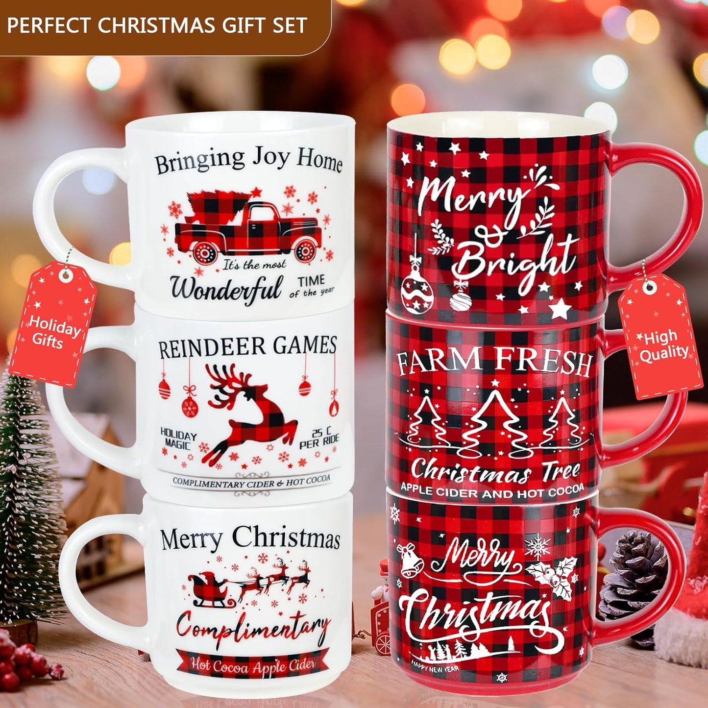 Christmas Mug Set of 6, 16Oz Red Black Plaid Christmas Coffee Mug, Christmas Table Centerpieces Decor Stackable Christmas Coffee Mug as Christmas Gifts for Family, Friends and Colleagues