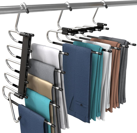 Pants Hangers Space Saving 2 Pack - Space Saving Hangers or Closet Organizer for Clothes, Scarf, Pants & Skirt with S-Type Stainless Steel Hook & Anti-Slip Design (Black)