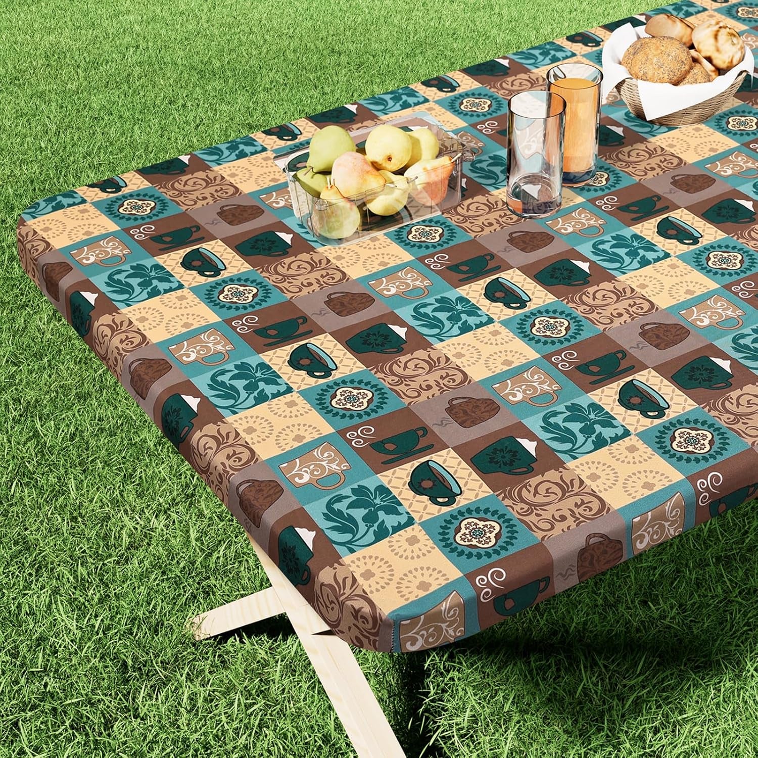 Rectangle Printed Fabric Tablecloth, Elastic Fitted Table Cloth for 6 Foot Table, Washable Polyester Table Cover for Outdoor, Picnic, Camping and Indoor, (Coffee Cup, 30" X 72")