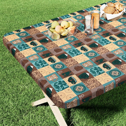 Rectangle Printed Fabric Tablecloth, Elastic Fitted Table Cloth for 6 Foot Table, Washable Polyester Table Cover for Outdoor, Picnic, Camping and Indoor, (Coffee Cup, 30" X 72")