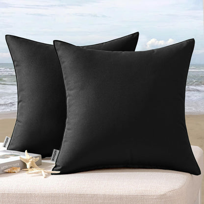 Pack of 2 Decorative Outdoor Waterproof Pillow Covers Square Garden Cushion Sham Throw Pillowcase Shell for Spring Patio Tent Couch 18X18 Inch Black
