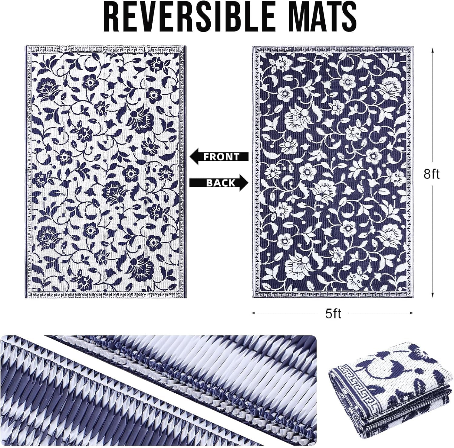 Waterproof Outdoor Rug 5X8 Ft, Outdoor Plastic Straw Rug with Flower Pattern, Reversible RV Mat for Patio, Camping, Balcony, Deck, Backyard, Navy & White