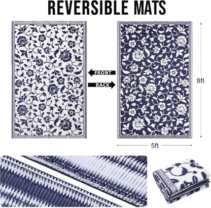 Waterproof Outdoor Rug 5X8 Ft, Outdoor Plastic Straw Rug with Flower Pattern, Reversible RV Mat for Patio, Camping, Balcony, Deck, Backyard, Navy & White