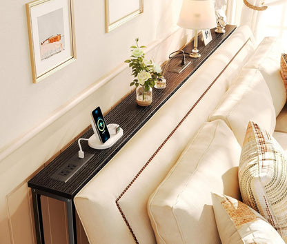 5.9-Inch Narrow Console Table Set with Outlet, 78-Inch Total Length, Behind Couch and Long Entryway Tables with Charging Station for Living Room and Hallway, Black
