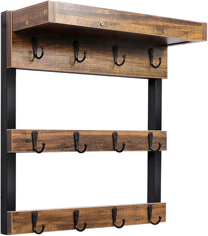 Coffee Mug Rack Wall Mounted, Rustic Wood Cups Rack with 12 Hooks and Storage Shelf, for Home Kitchen Display and Collection (Rustic Brown)