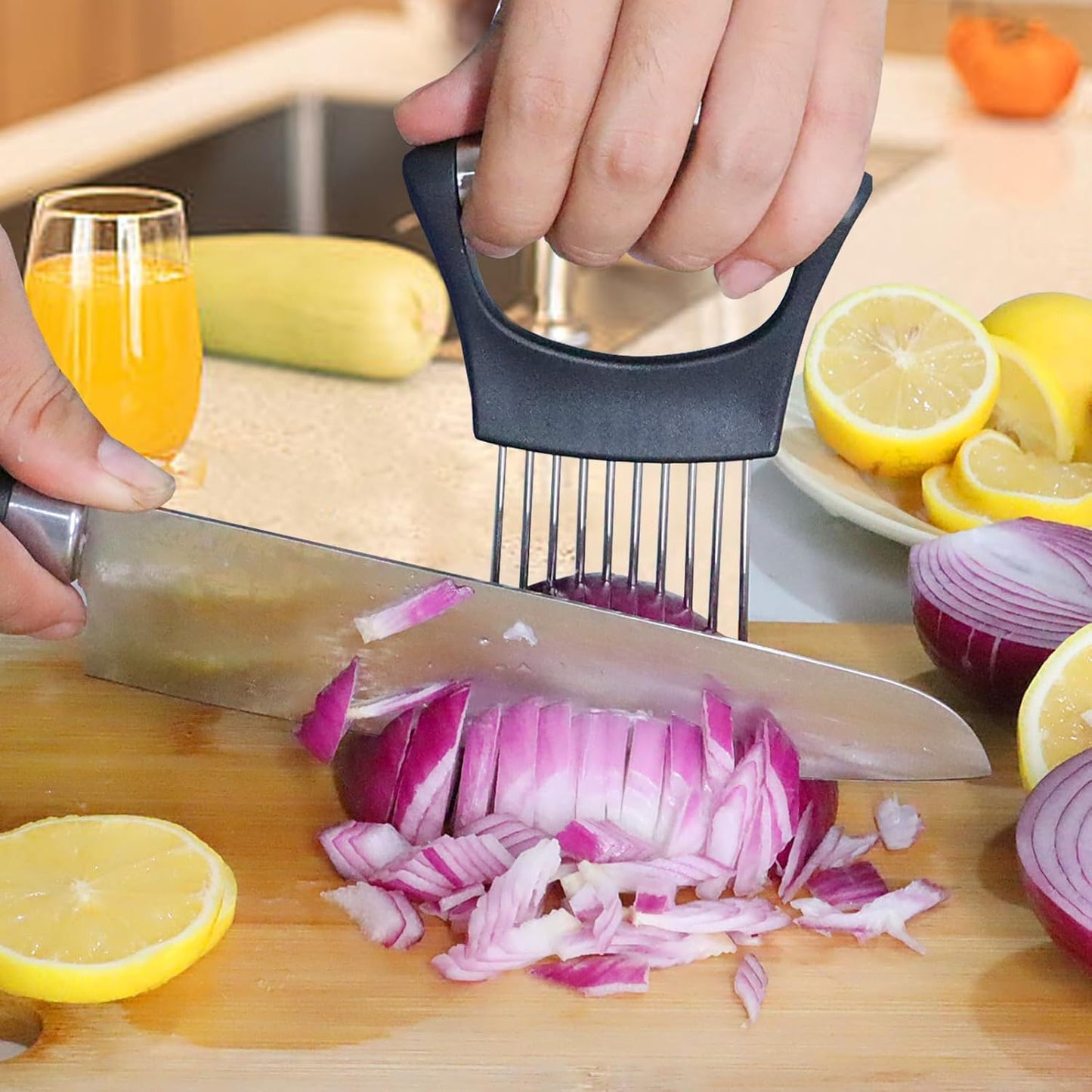 Onion Holder for Slicing, Onion Cutter Vegetable Chopper, Stainless Steel Tomato Slicer Vegetable Cutter for Potato, Avocados, Eggs, Food Slicer Assistant Tool for Fruit Lemon and Meat