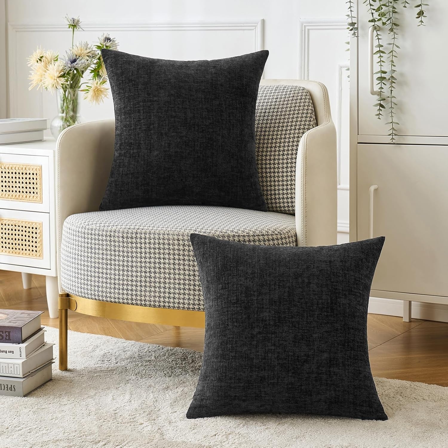 Halloween Pack of 2 Couch Throw Pillow Covers 18X18 Inch Soft Black Chenille Pillow Covers for Sofa Living Room Solid Dyed Pillow Cases