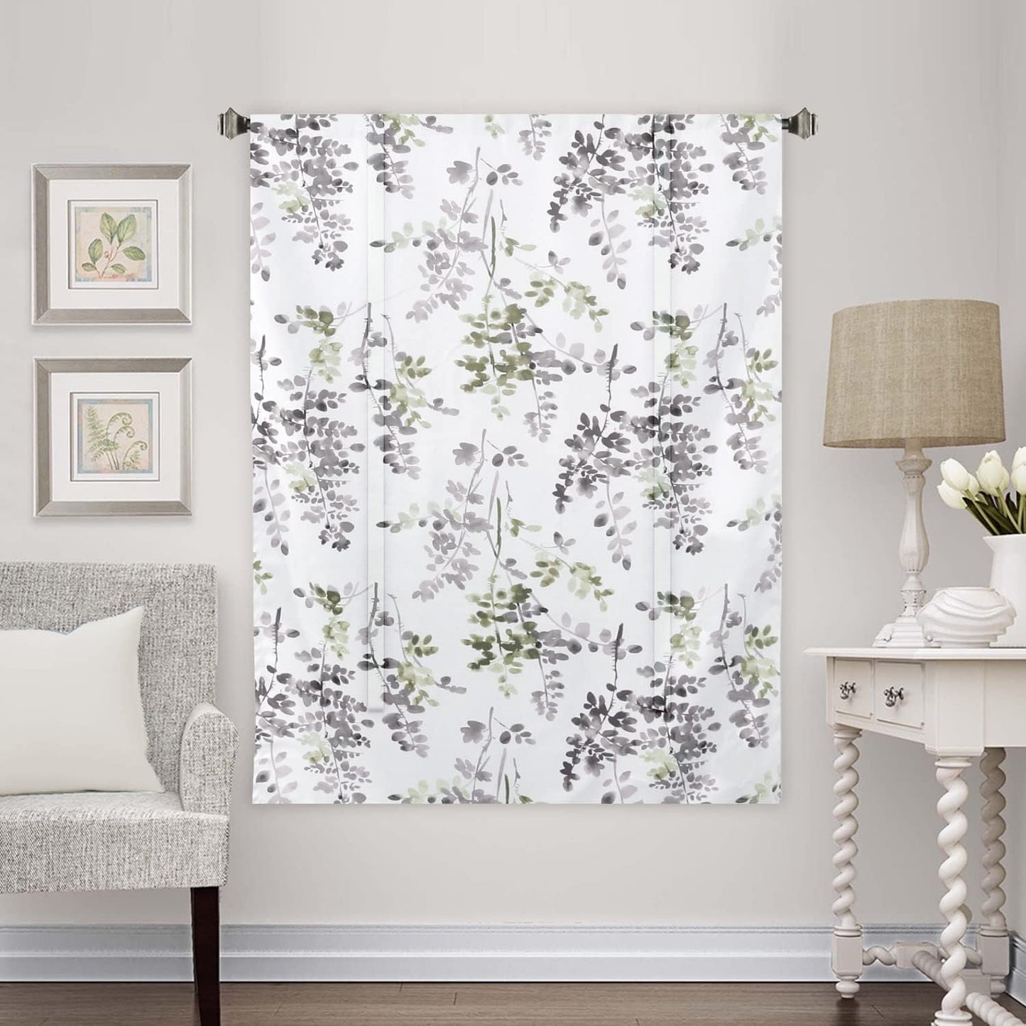 Blackout Tie up Curtain - Thermal Insulated Balloon for Small Window, Adjustable Kitchen Rod Pocket Panel (42" W X 45" L, Floral Pattern in Grey and Sage)