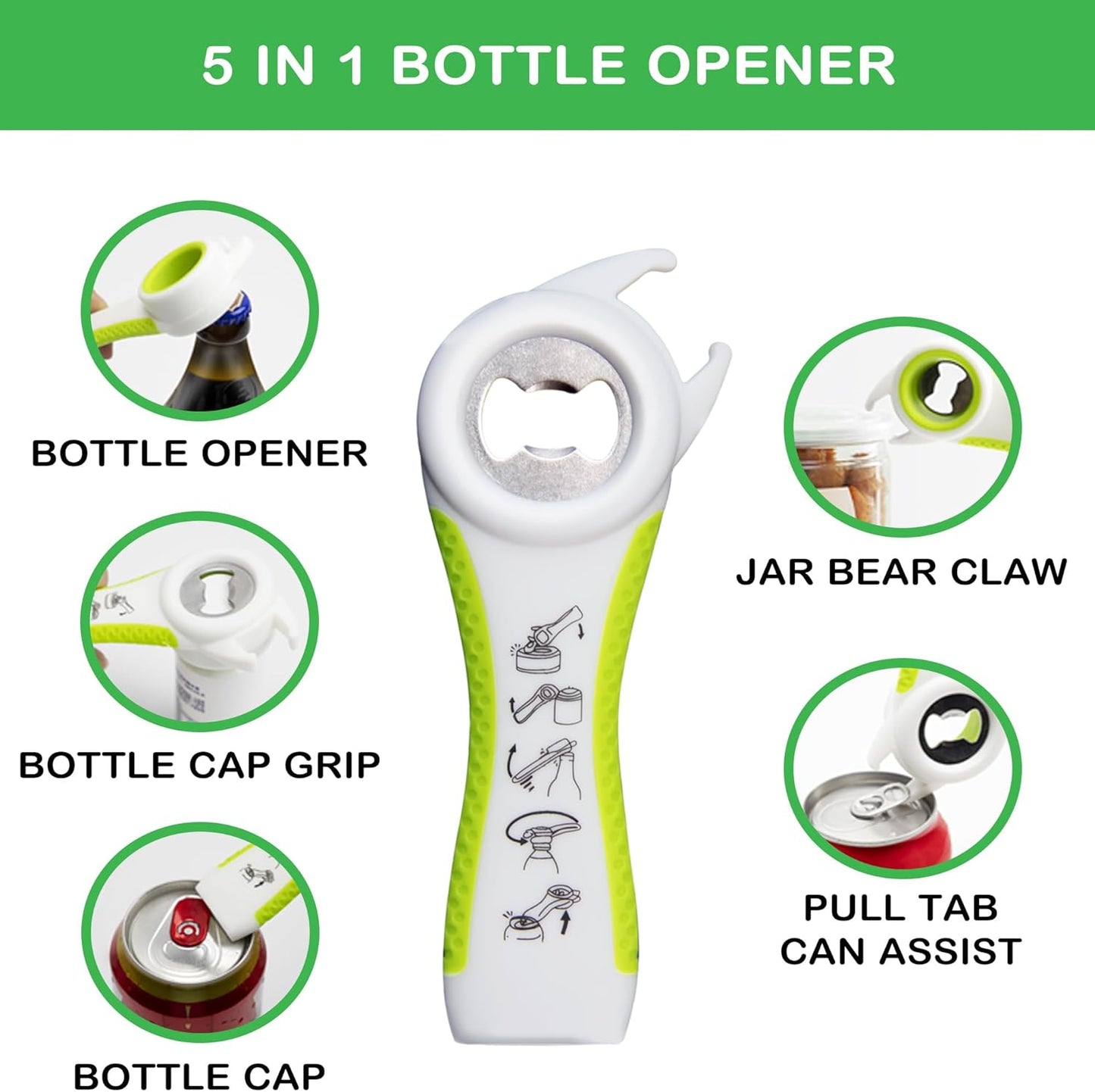 Jar Opener for Weak Hands, Seniors with Arthritis, 5 in 1 Multi Function Bottle Opener Lid Opener for Arthritic Hands with Corkscrew Wine Opener (Green)