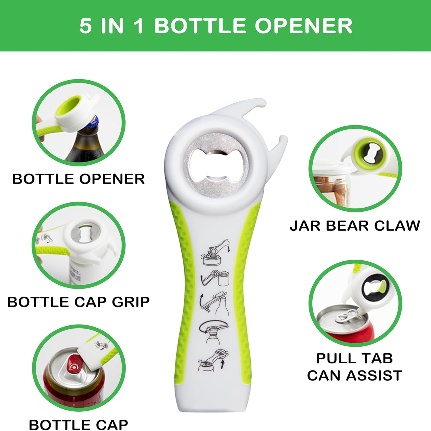 Jar Opener for Weak Hands, Seniors with Arthritis, 5 in 1 Multi Function Bottle Opener Lid Opener for Arthritic Hands with Corkscrew Wine Opener (Green)