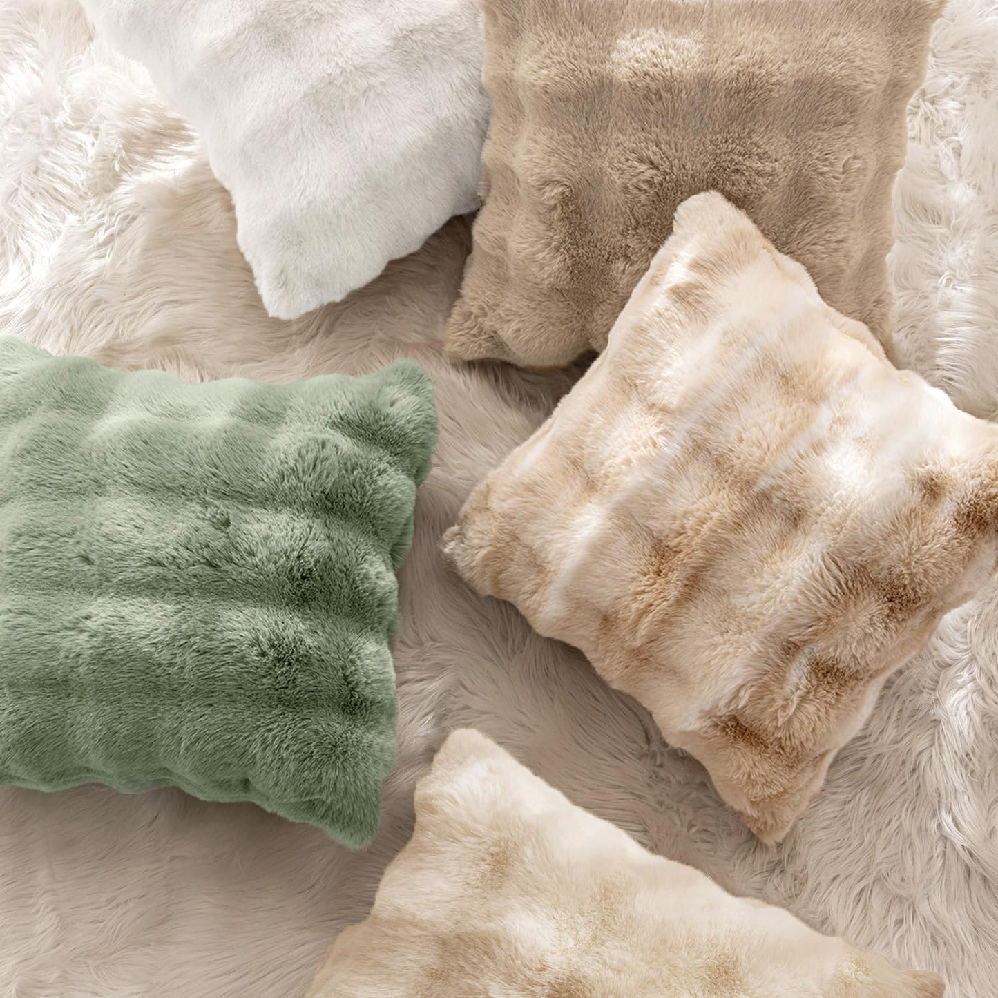 Set of 2 Luxurious Faux Fur Lumbar Pillow Covers, Soft Plush Decorative Cushions for Couch, Bedroom, and Living Room, 12x20 Inch, Khaki