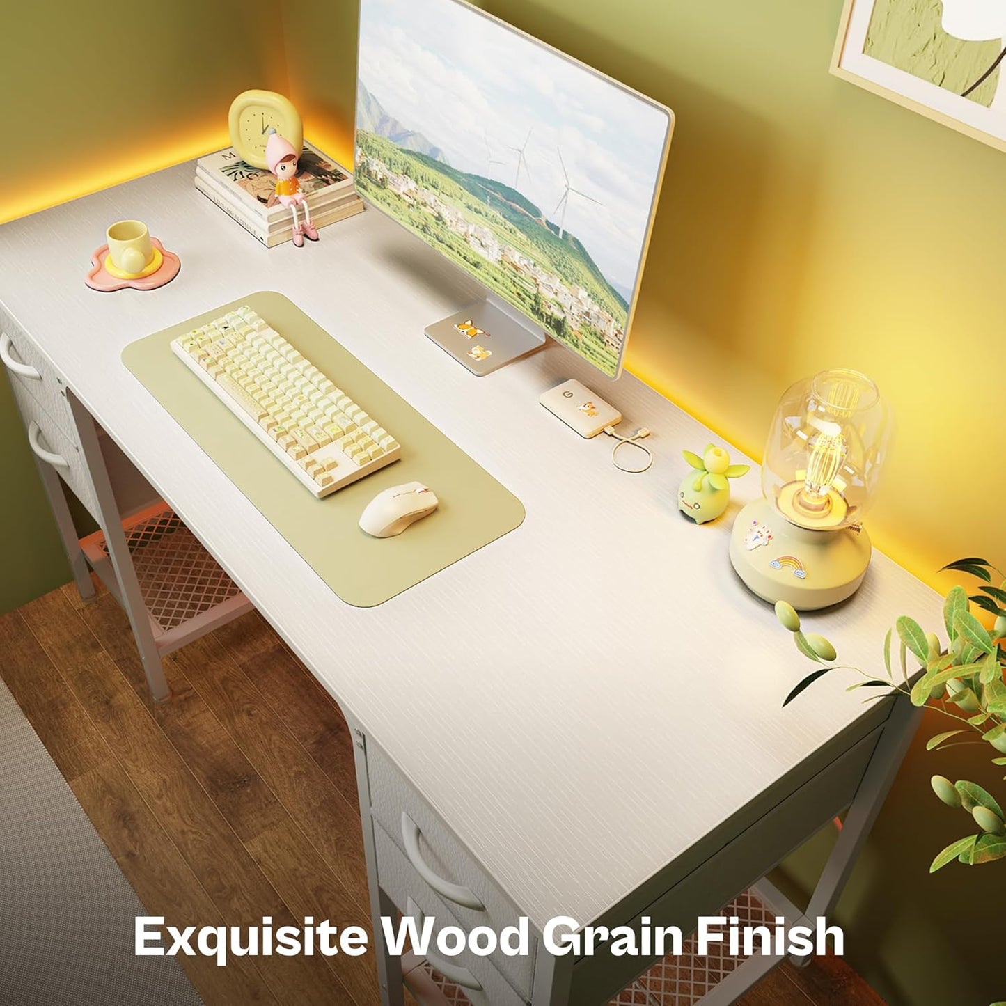 47-Inch White Desk with Four Drawers and Mesh Shelf, Versatile Study and Computer Table for Home Office and Bedroom