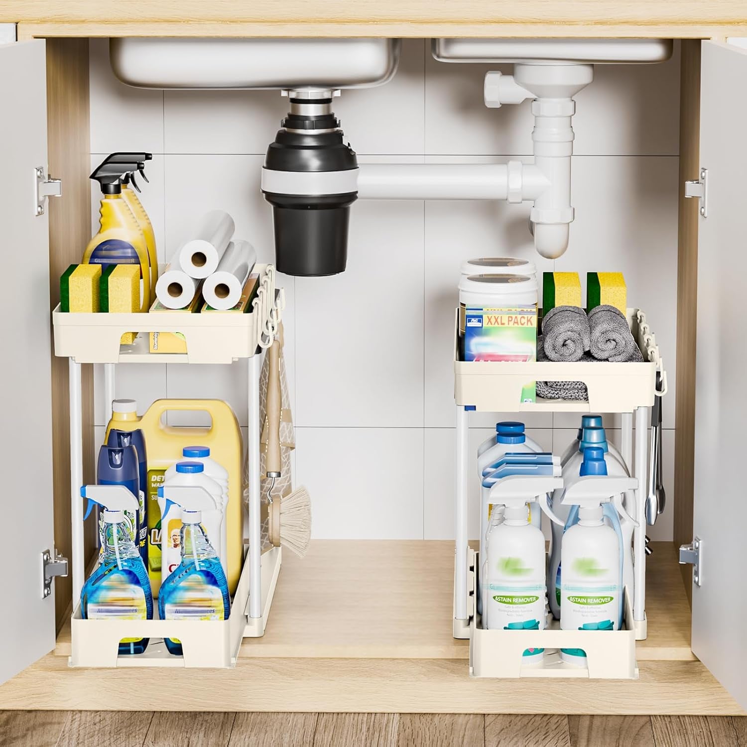 under Sink Organizers and Storage, 2 Pack Pull Out Kitchen Bathroom Cabinet Organizer, 2 Tier Beige under Sink Storage for Bathroom Kitchen