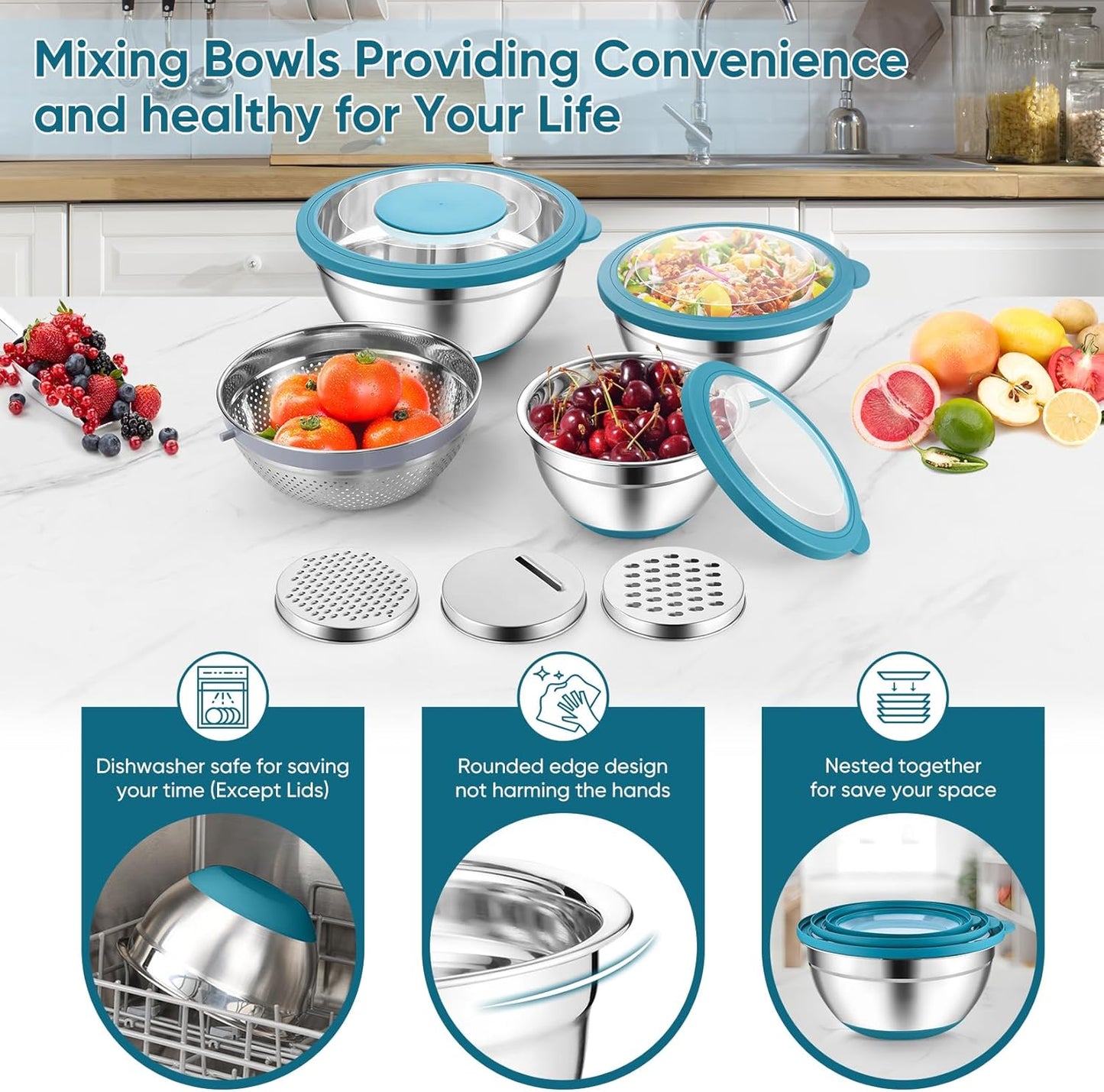 Mixing Bowls with Lids Set of 3, Stainless Steel Mixing Bowl and Colander for Kitchen, 3 Grater Attachments & Non-Slip Bottoms, Visible & Airtight Lid, Blue