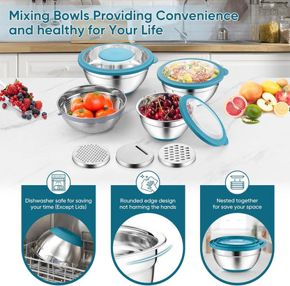 Mixing Bowls with Lids Set of 3, Stainless Steel Mixing Bowl and Colander for Kitchen, 3 Grater Attachments & Non-Slip Bottoms, Visible & Airtight Lid, Blue