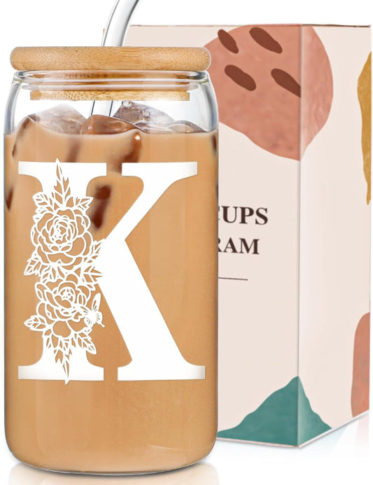 Gifts for Holidays,Birthday Gifts for Women,Personalized Initial Glass Cup as Iced Coffee Cups,Aesthetic Smoothie Cup Cute Beer Tumbler,16 Oz Glass Cups with Lids and Straws-K(1Psc)