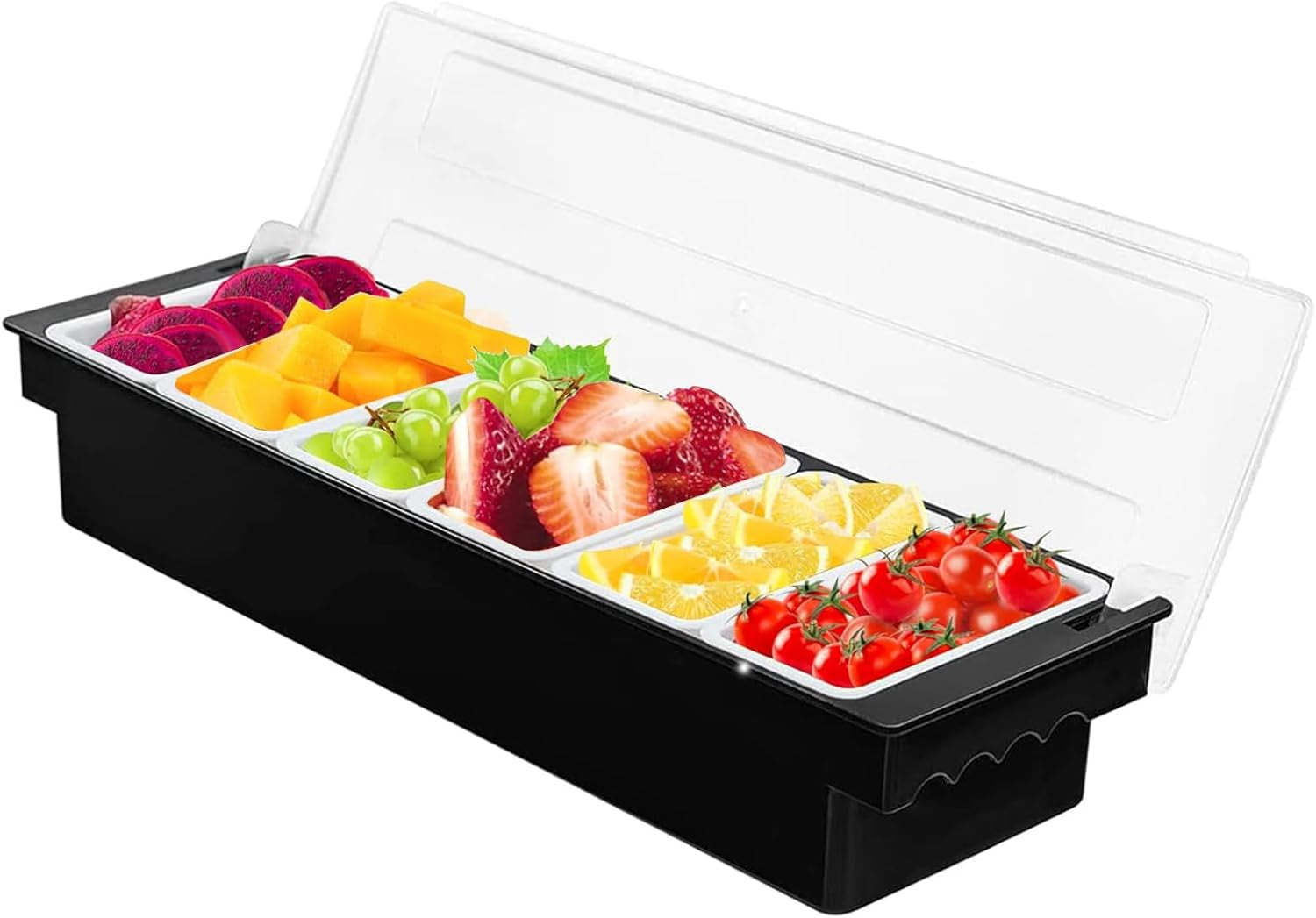 Fruit Veggie Condiment Caddy with Lid, 6 Compartment Plastic Dispenser Tray for Catering Dips Toppings, Serving Taco, Ice Cream, Fruit, & Salad Bar,Garnish Organizer for Restaurant Supplies