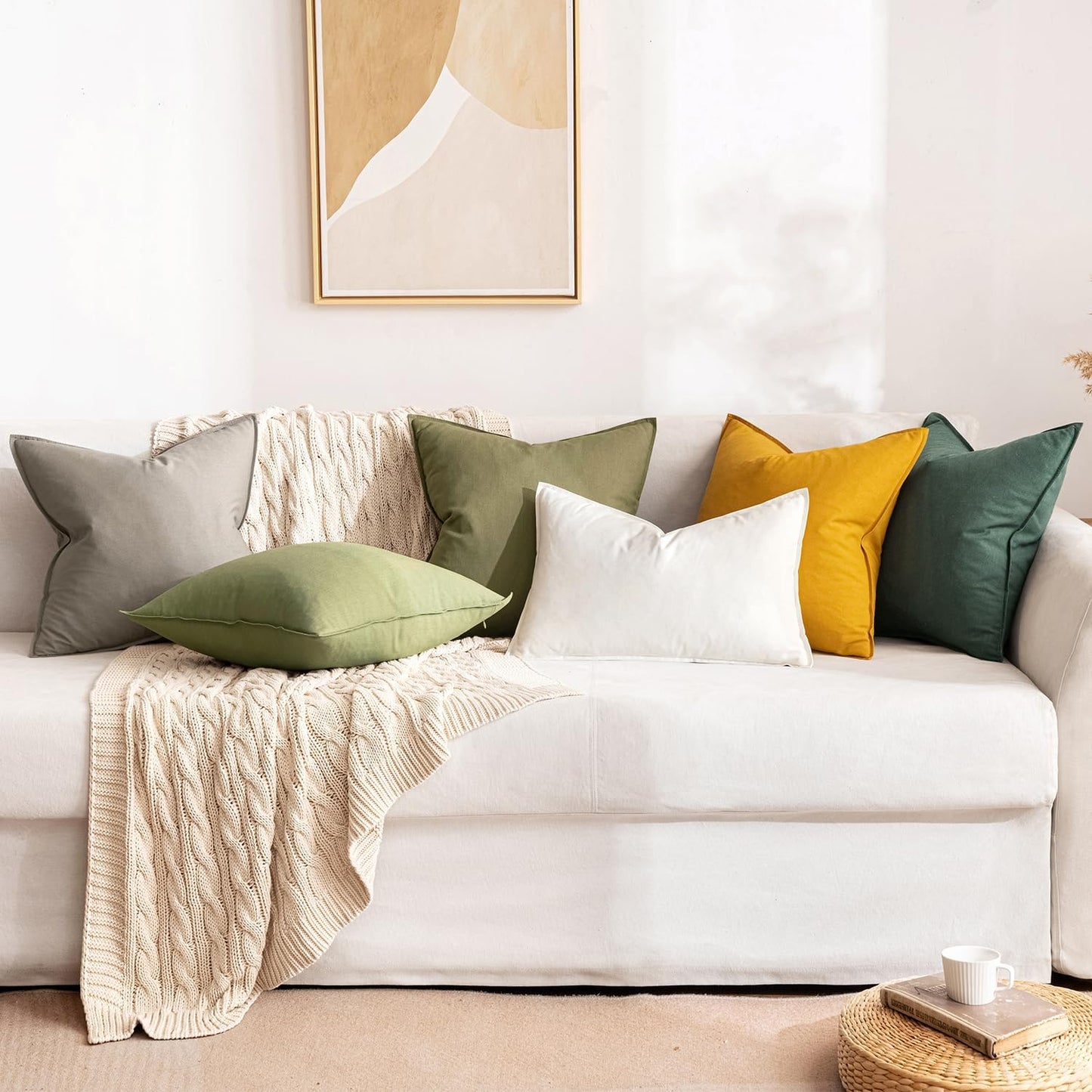 Pack of 2 Christmas Decorative Linen Pillow Covers Boho Farmhouse Modern Soft Accent Throw Pillows Neutral Cushion Covers for Sofa Couch Bed Living Room Home Decor, 18X18 Inch Dark Green