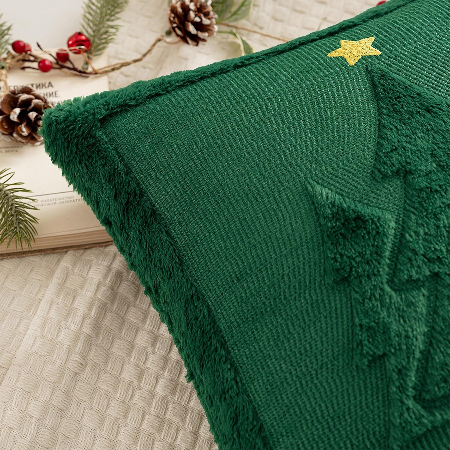 Christmas Trees Pillow Covers Set of 2 Decorative Soft Throw Pillows Plush Faux Fur Wool Embroidered Couch Cushion for Holiday Winter Home Decor Chair Sofa Bedroom Living Room,Green 18X18Inch