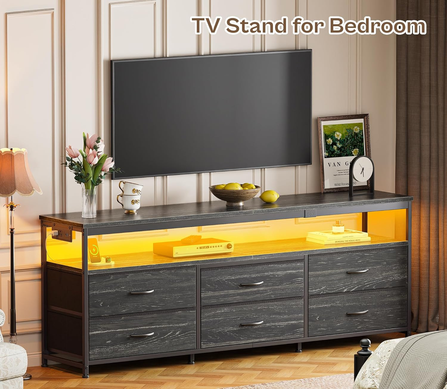 63-Inch Charcoal Black LED TV Stand for 55 to 70 Inch TVs, Multi-Functional Dresser with Power Outlets and Storage for Bedroom and Living Room