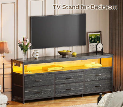 63-Inch Charcoal Black LED TV Stand for 55 to 70 Inch TVs, Multi-Functional Dresser with Power Outlets and Storage for Bedroom and Living Room