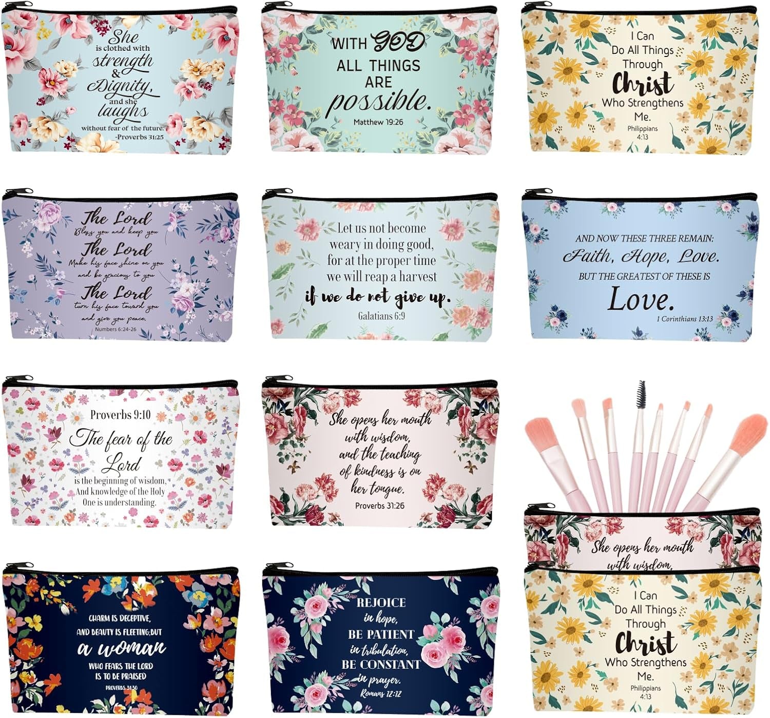 10 Pcs Christian Makeup Bag Bible Pencil Pouch Bible Cover Floral Cosmetic Bags Bulk Inspirational Religious Gifts for Women Return Christmas Church Gifts Baby Shower Prizes Canvas Makeup Bags in Bulk