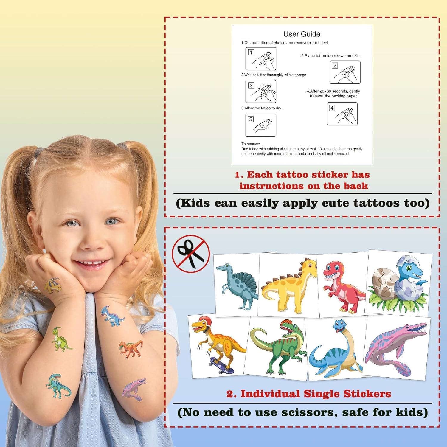 104 PCS Dinosaur Temporary Tattoos for Kids Party Supplies, Temp Tattoo Stickers for Kids Girls Boys Birthday Party Favors Activities