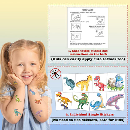 104 PCS Dinosaur Temporary Tattoos for Kids Party Supplies, Temp Tattoo Stickers for Kids Girls Boys Birthday Party Favors Activities