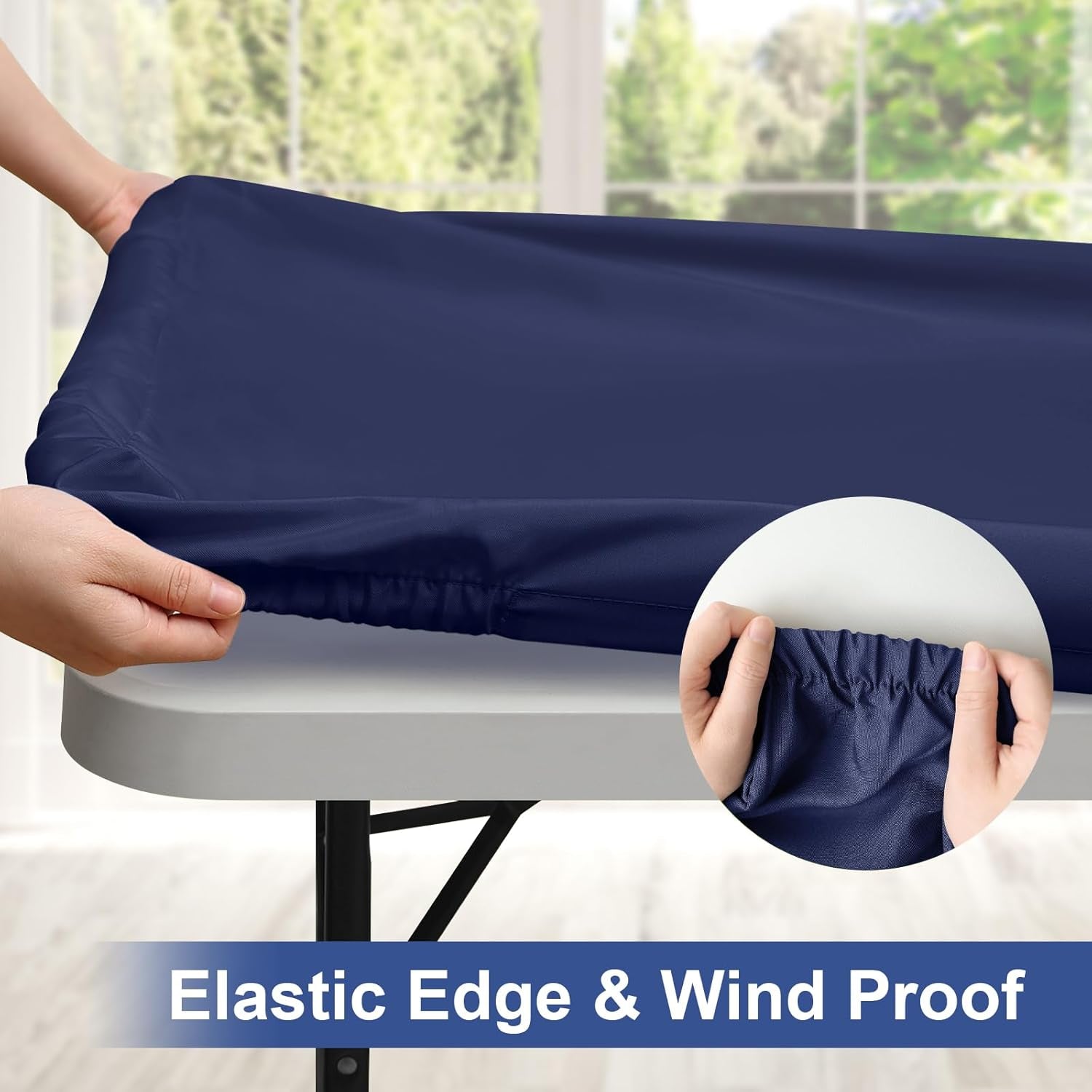 Rectangle Table Cloth Cover, Waterproof Polyester Elastic Fitted Tablecloth, Fits for 6 Foot Folding Tables, Washable Table Protector for Picnic, Camping, Outdoor (Navy Blue, 30" X 72")