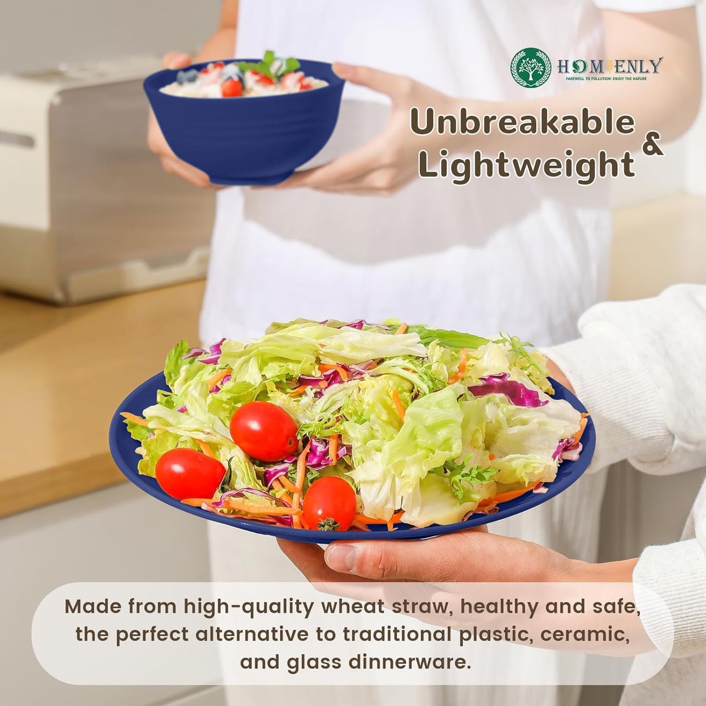 40-Piece Lightweight and Unbreakable Reusable Wheat Straw Dinnerware Set for 8, Microwave and Dishwasher Safe - Dark Blue