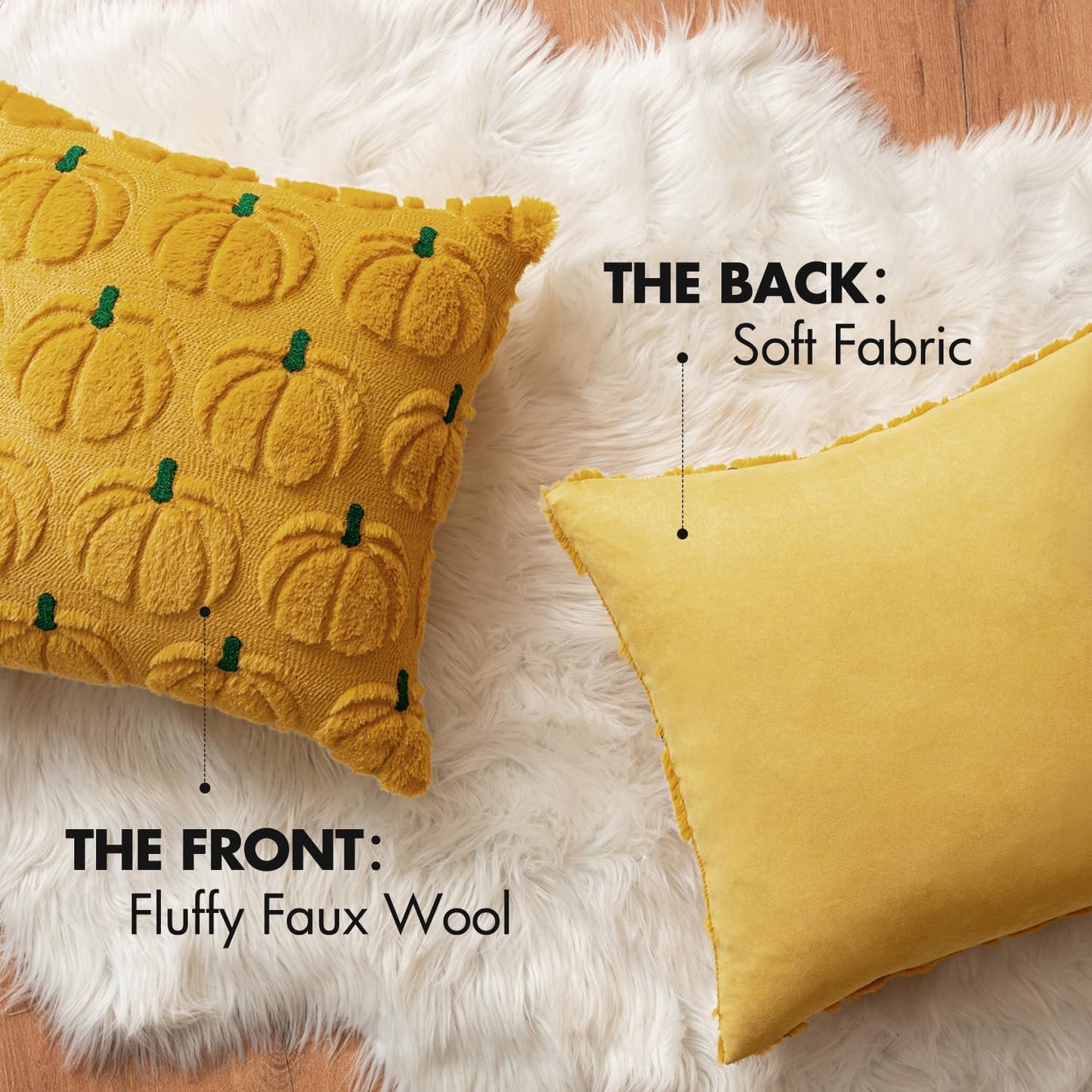 Autumn-Inspired Pumpkin Throw Pillow Covers Set of 2 - Mustard Yellow and Green Stem, 18 x 18 Inches, Soft Plush Faux Fur Decorative Cushions for Home, Porch, and Halloween Decor
