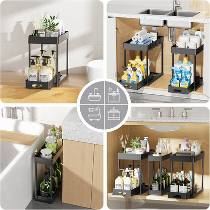 3 Pack under Sink Organizers and Storage, 2 Tier Black Bathroom Cabinet Organizer, Multi-Use Kitchen Bathroom Organizers and Storage, under Counter Organizer with Hooks