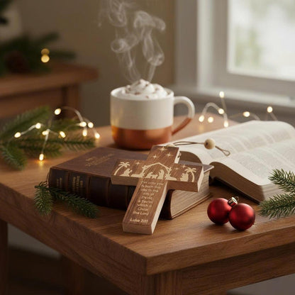 Christian Christmas Ornaments 2025, Engraved Natural Solid Wood Cross Ornament with Holy Scripture Luke 2:11, Nativity Ornaments, a Tradition Story Religious Gifts for Family, Friends, Coworker
