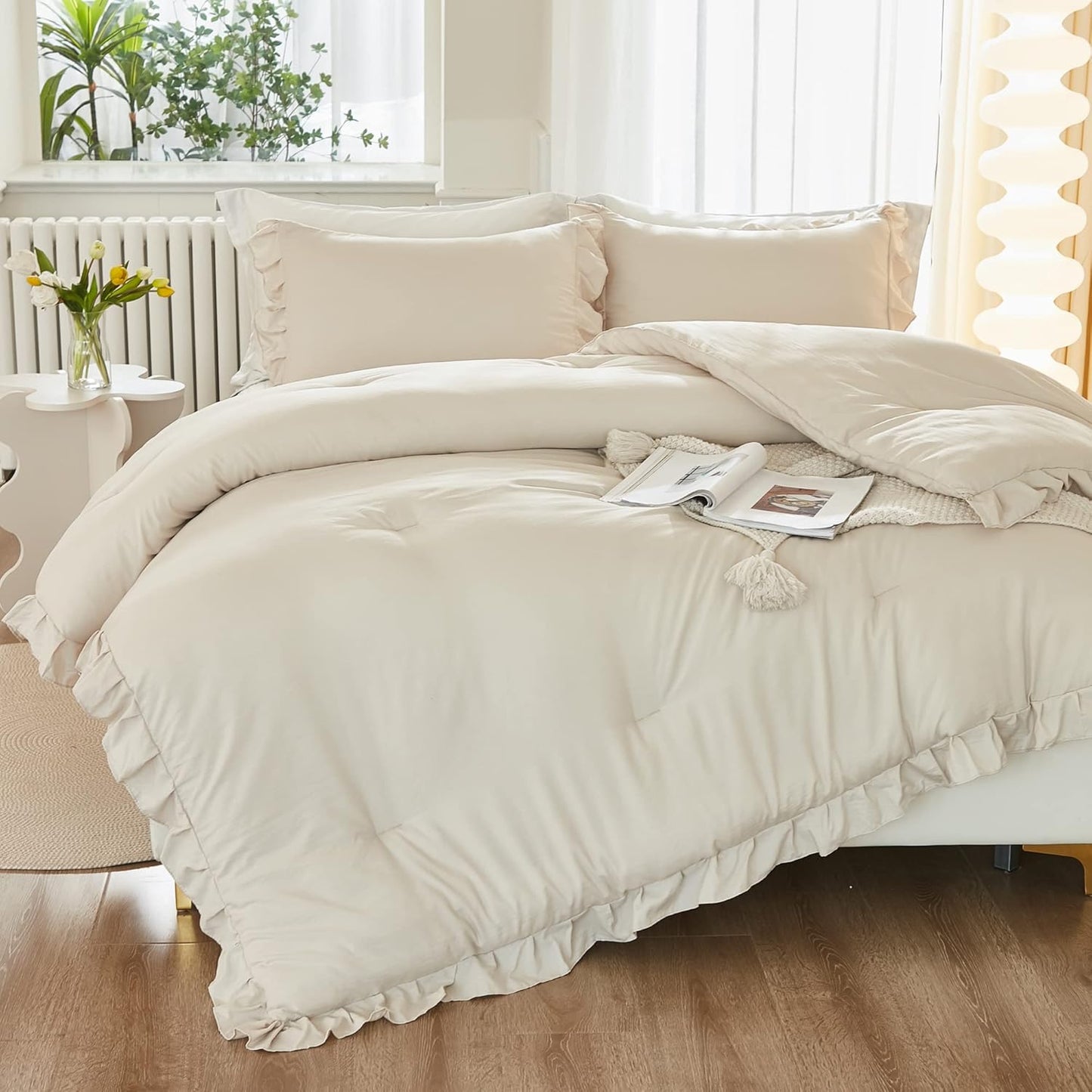 Comforter Full Size Set Beige, 3 Pieces Ruffle Lightweight Bedding Comforter Set, Fluffy Bed Set (79X90In Comforter, 2 Pillowcases)