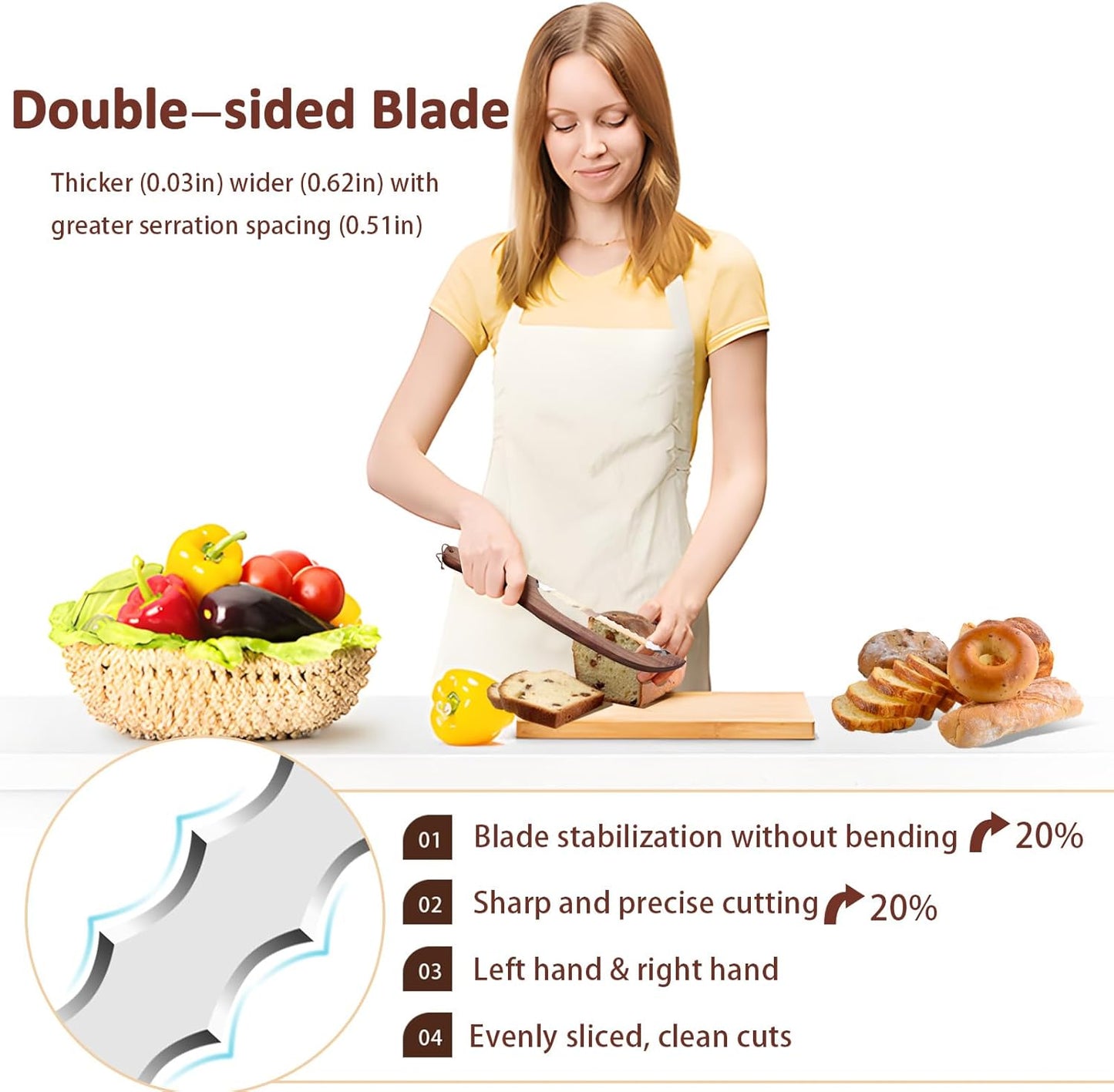 Bread Knife Slicer for Homemade Bread, Sourdough Bread Knife, Wood Bread Bow Cutter Saw for Precise Cutting Baguettes Sandwich, Double-Sided Blades, Sharp and Precise Cutting