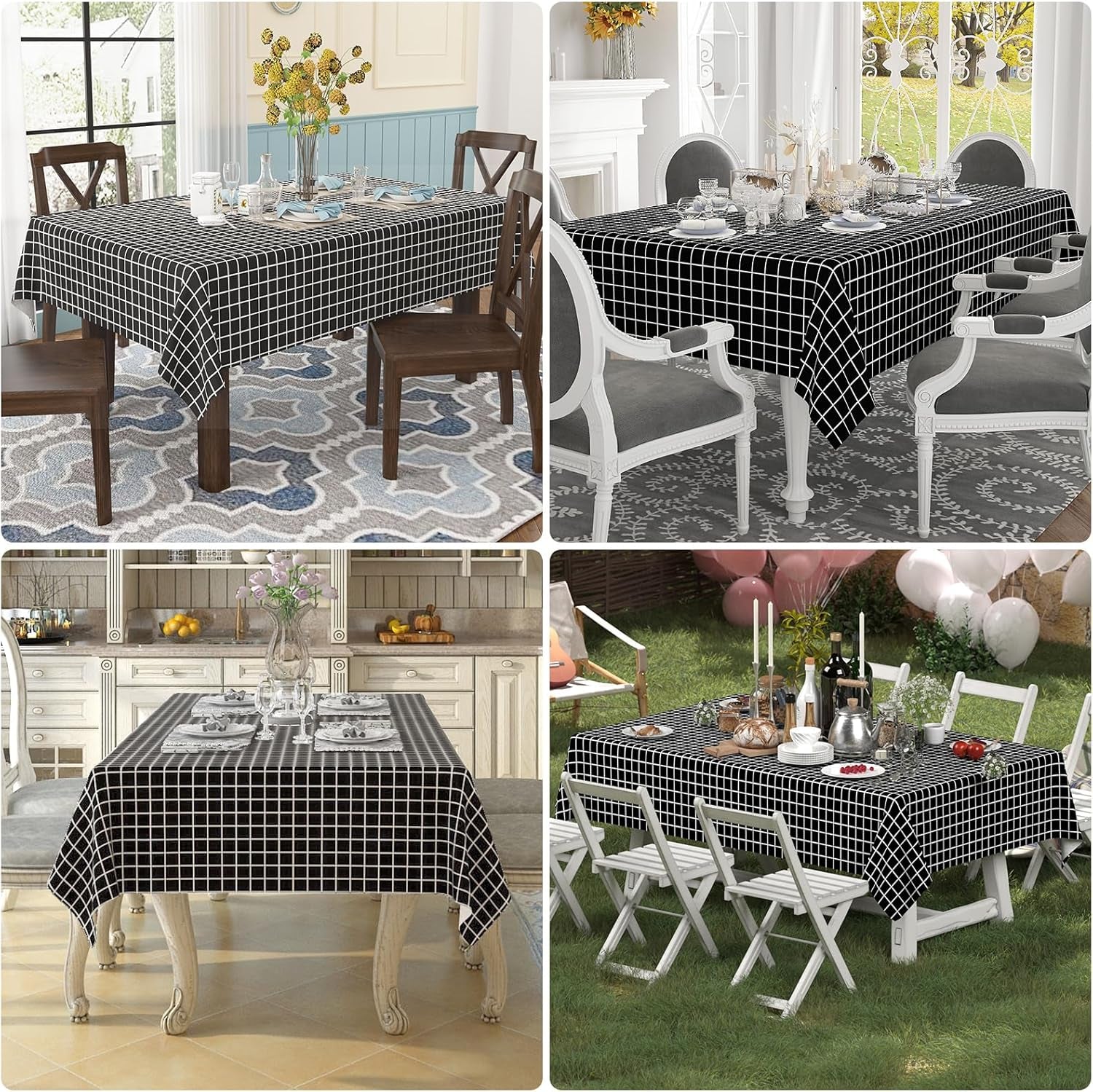 6 Pack Rectangle Waterproof Fabric Table Cloth, Plaid Stain Resistant Polyester Tablecloth, Washable Cloth Table Cover for Dining Room, Outdoor, Picnic (52" X 70", Black)