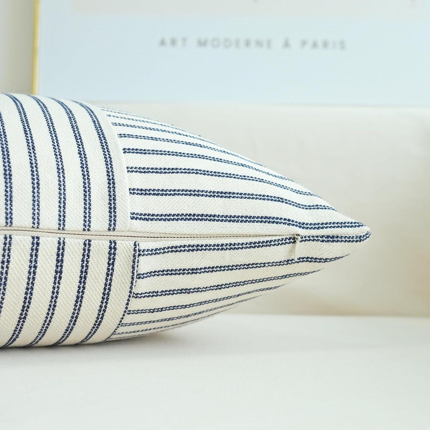 Navy Blue and Beige Patchwork Farmhouse Pillow Covers 20X20 Inch, Pack of 2 Striped Linen Decorative Modern Accent Pillow Cases for Sofa Couch Bedroom 20 X 20
