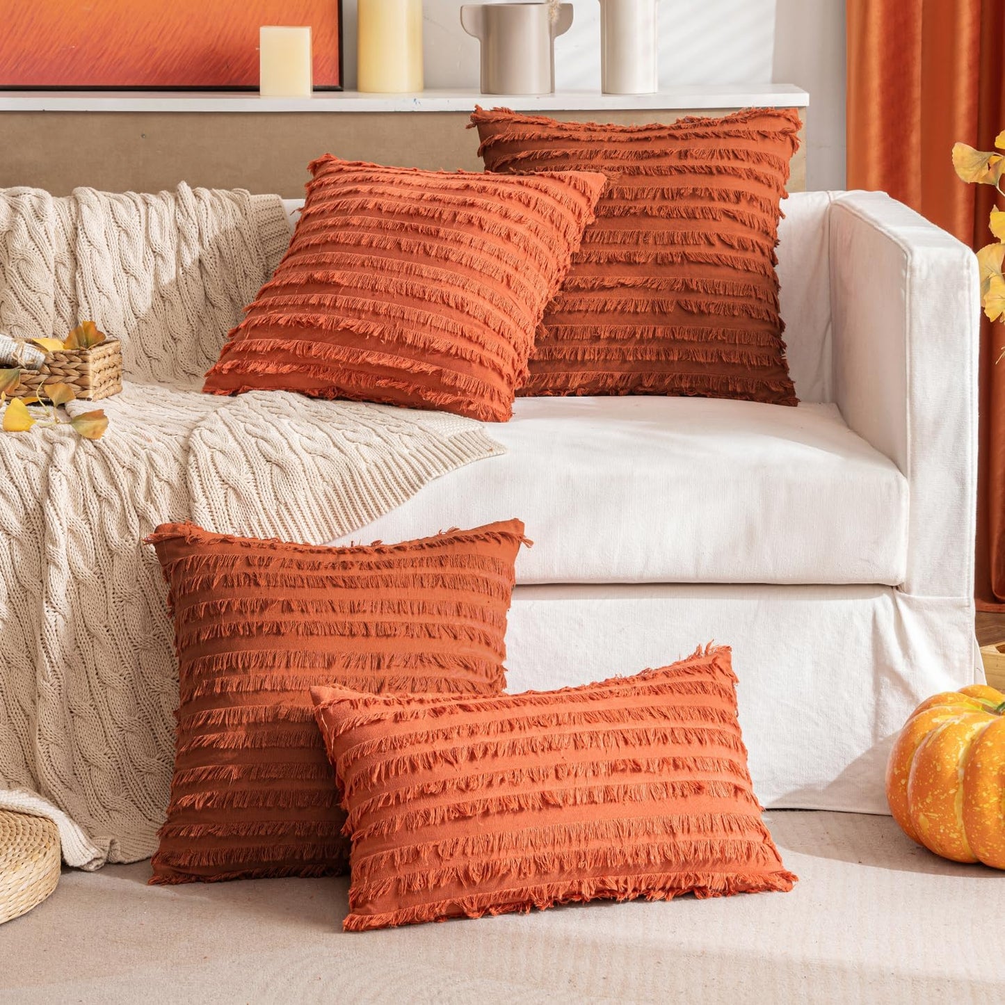 Set of 2 Fall Decorative Boho Throw Pillow Covers Linen Striped Jacquard Pattern Cushion Covers for Sofa Couch Living Room Bedroom 18X18 Inch Rust