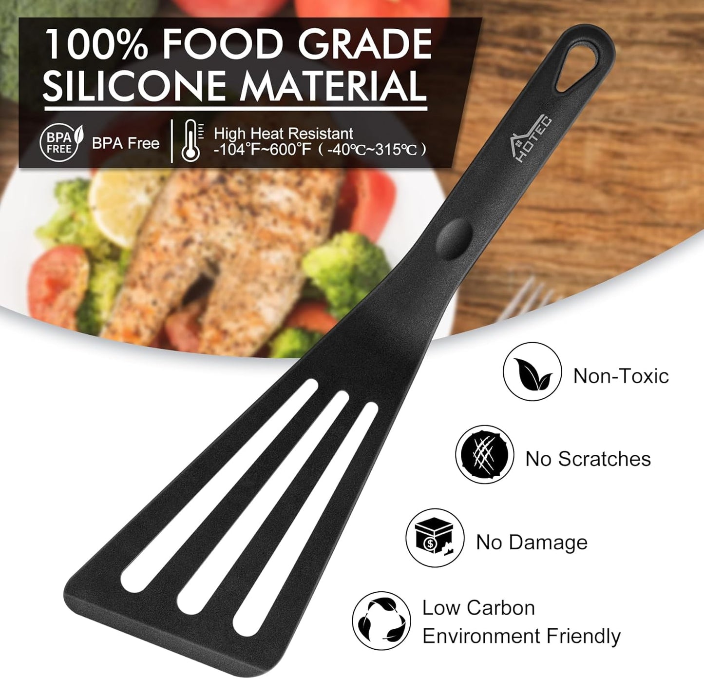 600℉ Heat Resistant Silicone Slotted Fish Turner Spatula Set, BPA Free Flipper Cooking Spatulas, for Non Stick Cookware Dishwasher Safe, Black